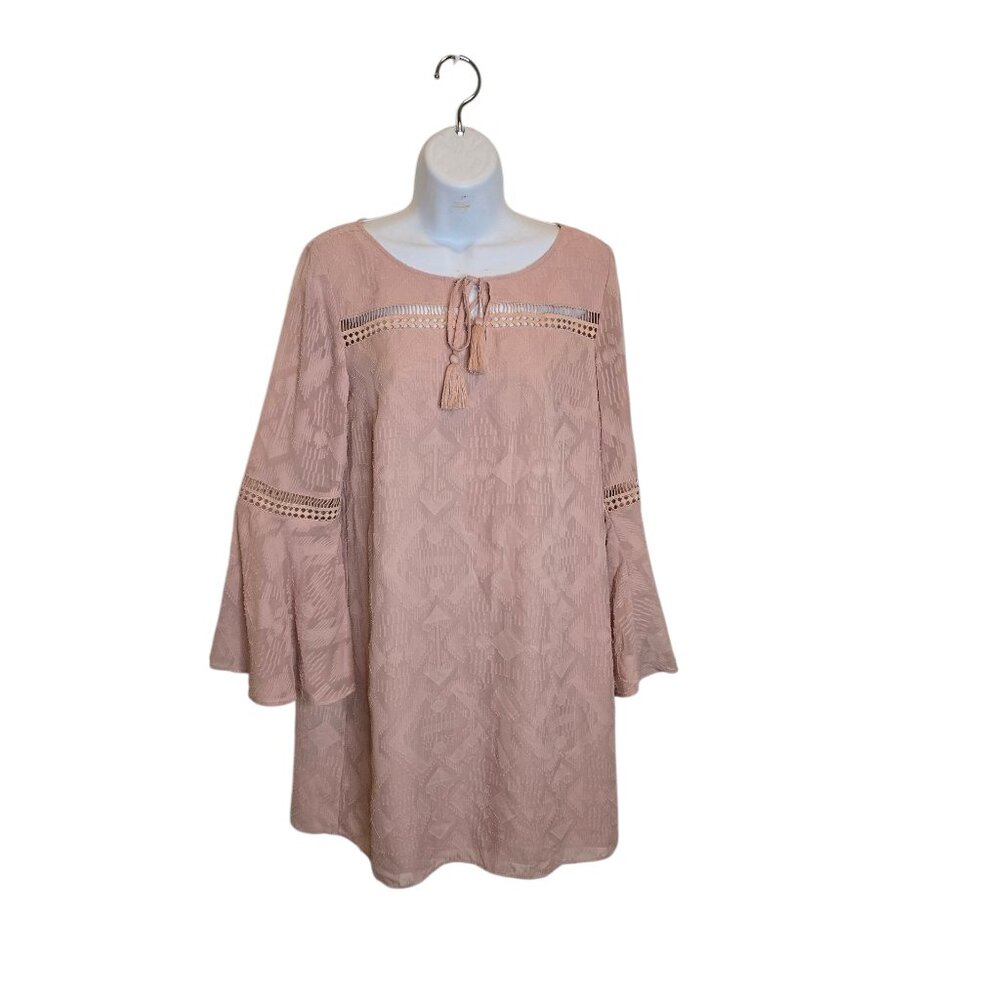 Blush Pink Bohemian Shift Dress XS Bell Sleeve Lace Crochet Cottagecore Festival